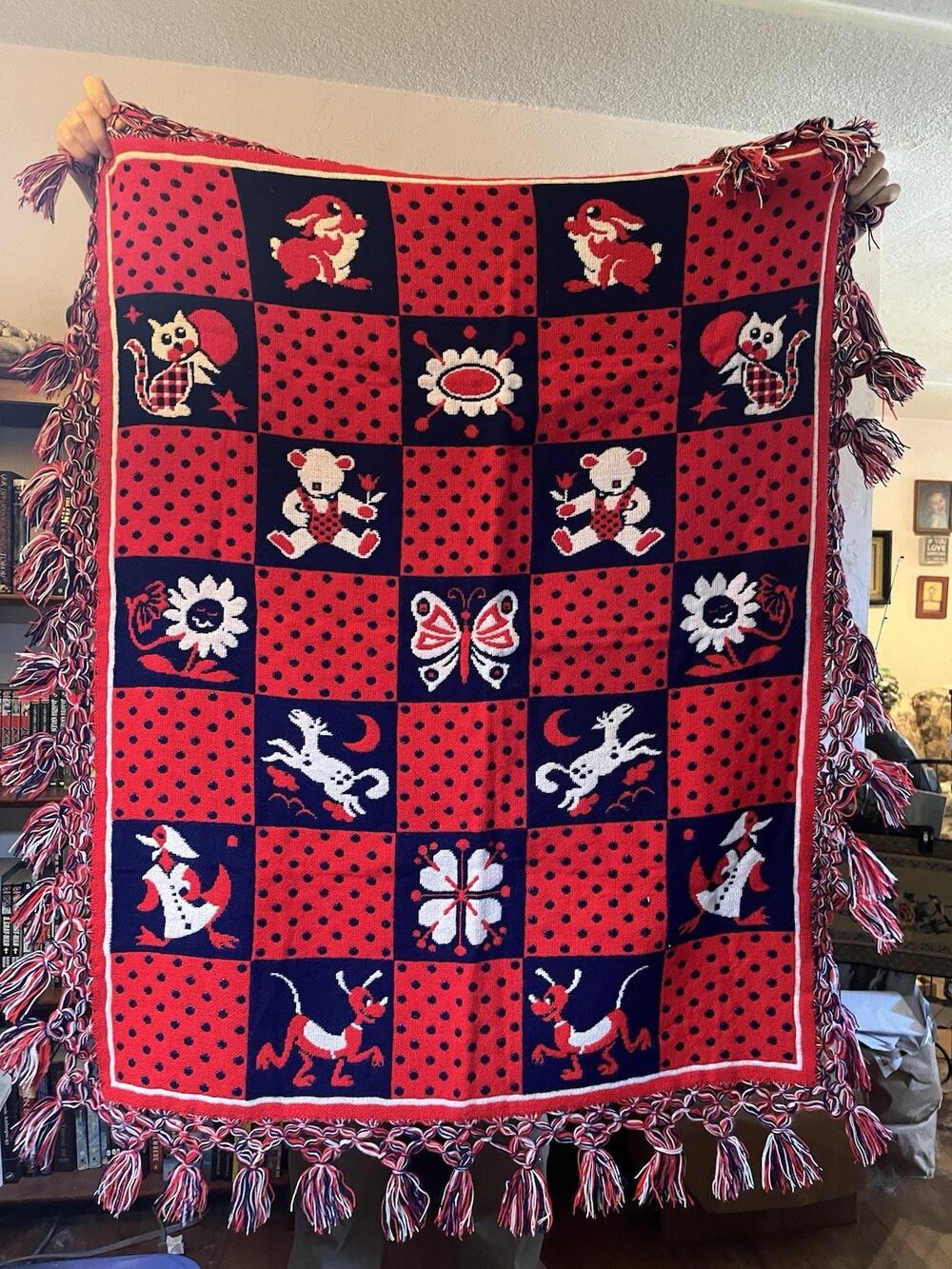 35x44" Woven Throw C1970 Red Blue Child's Toys Reversible
